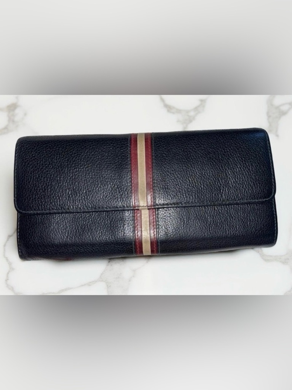 Bally black leather long wallet signature red and off-white stripe. 4x8